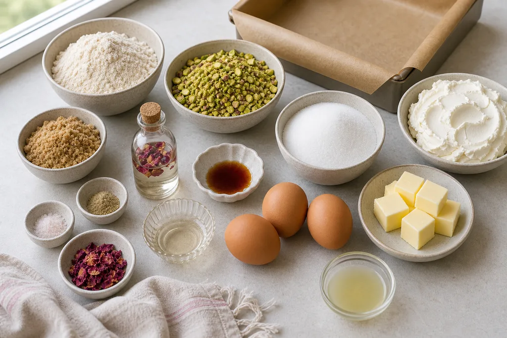 Measured gluten-free ingredients for pistachio rosewater cheesecake bars