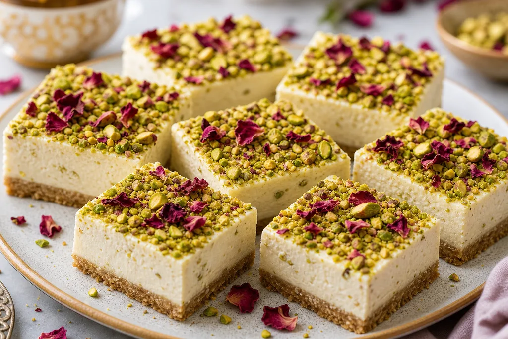Gluten-free pistachio rosewater cheesecake bars topped with pistachios and rose petals