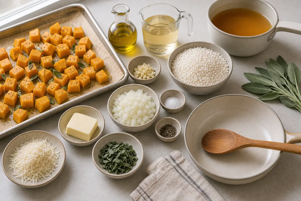Measured gluten-free ingredients for roasted butternut squash and sage risotto
