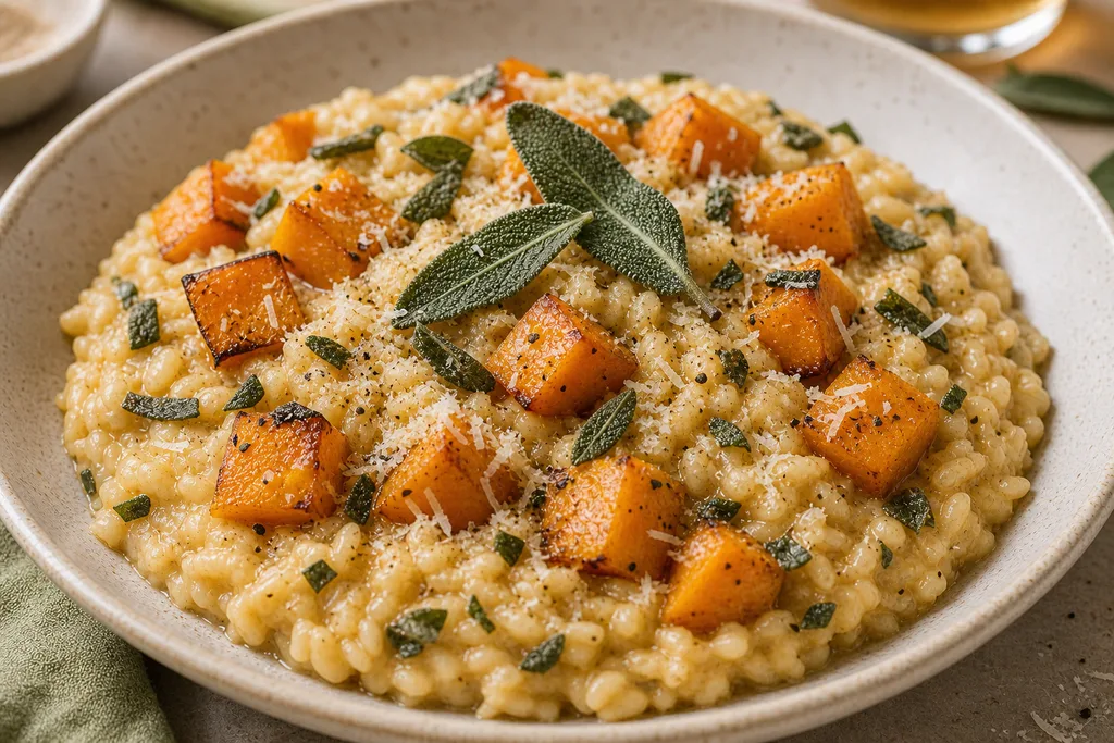 Creamy gluten-free roasted butternut squash and sage risotto in a bowl