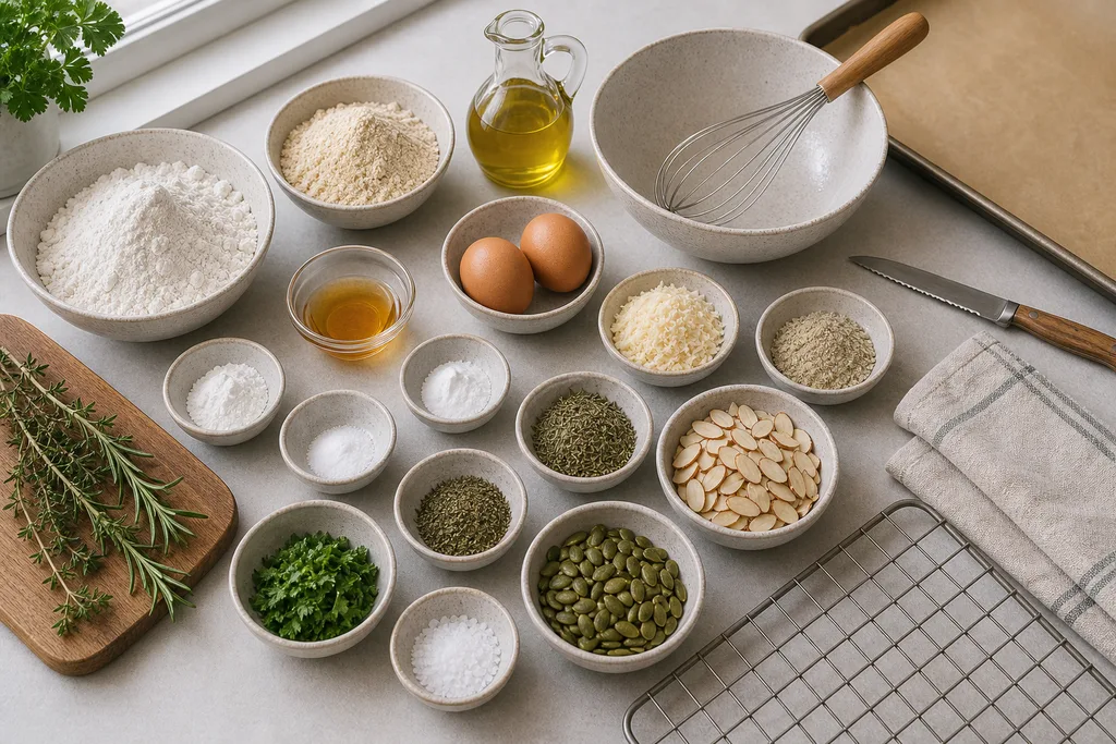Measured gluten-free ingredients for savory almond and herb biscotti