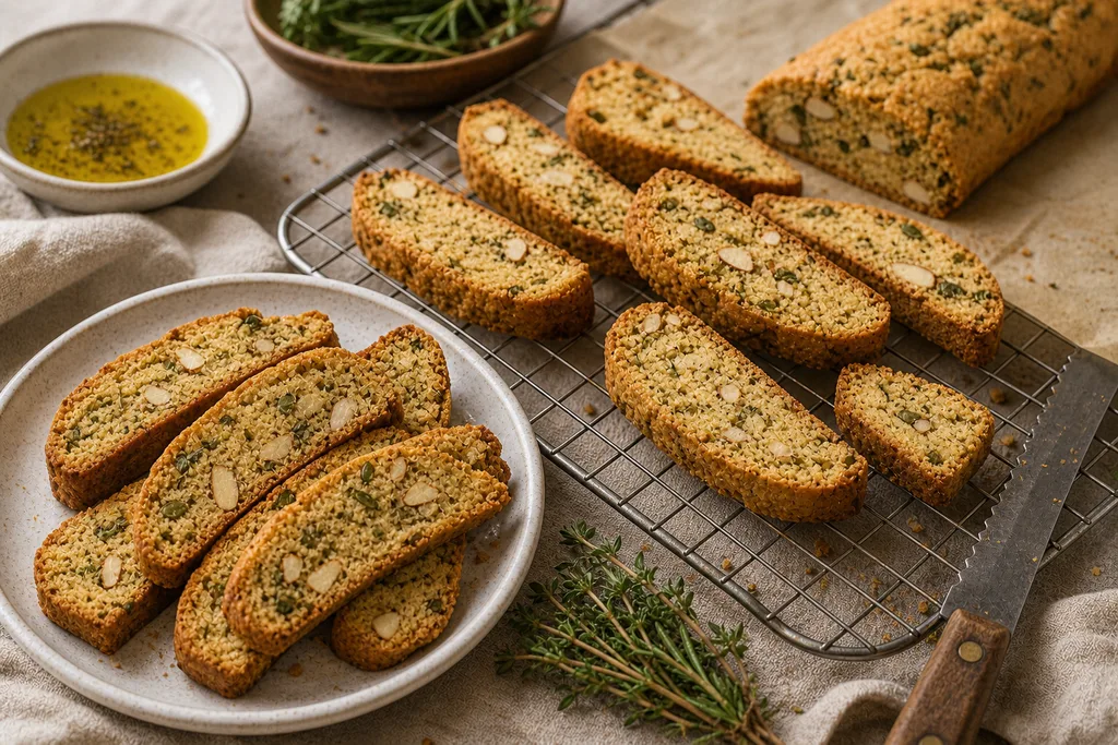 Golden gluten-free savory herb biscotti slices cooling on a wire rack