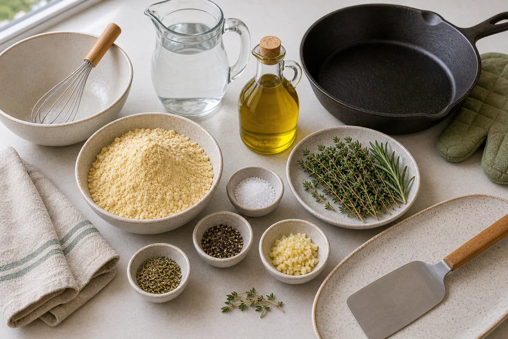 Measured gluten-free ingredients for chickpea flour herb socca
