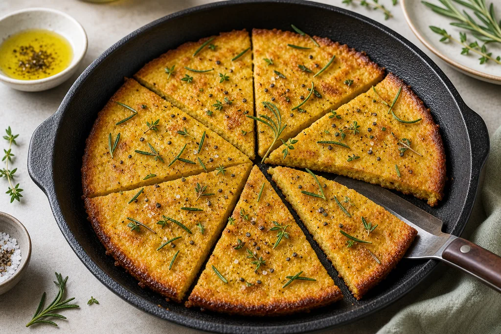 Golden gluten-free chickpea flour socca wedges in a cast iron skillet