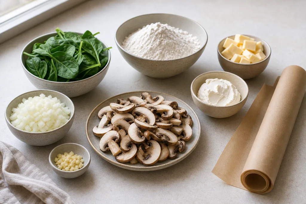 Measured gluten-free ingredients for a savory mushroom and spinach galette