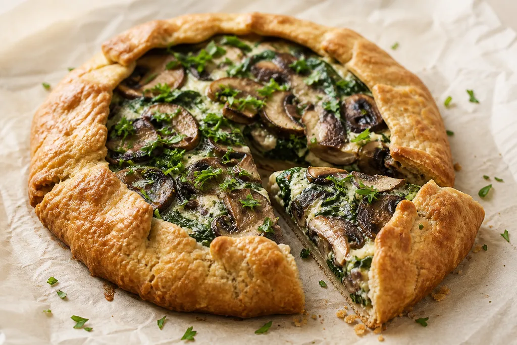 Baked gluten-free mushroom and spinach galette with a golden folded crust