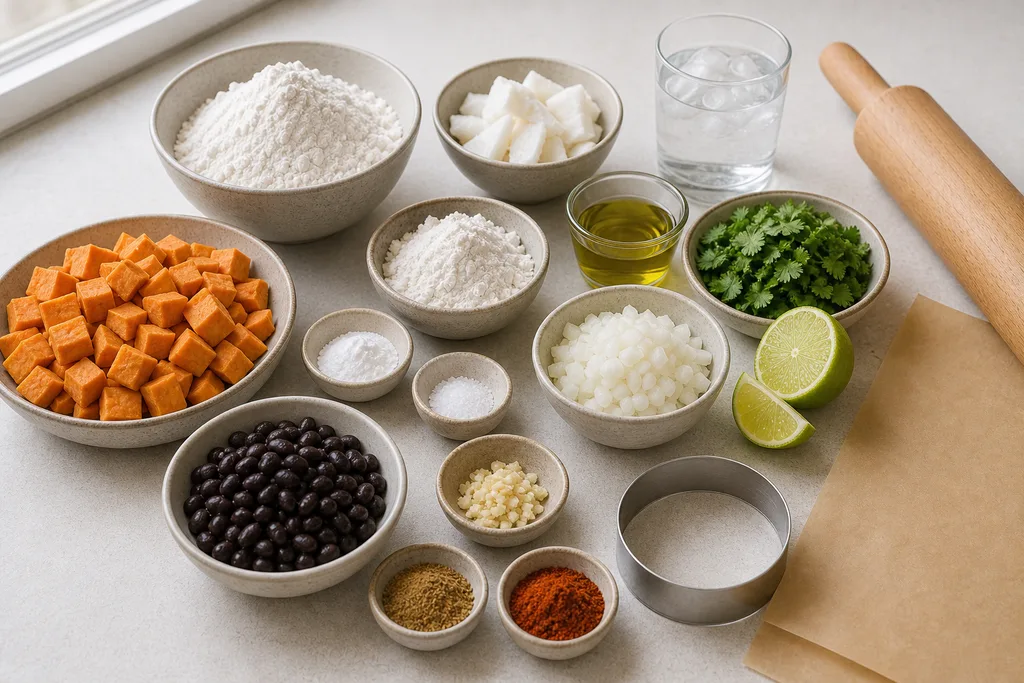 Measured gluten-free ingredients for sweet potato black bean empanadas
