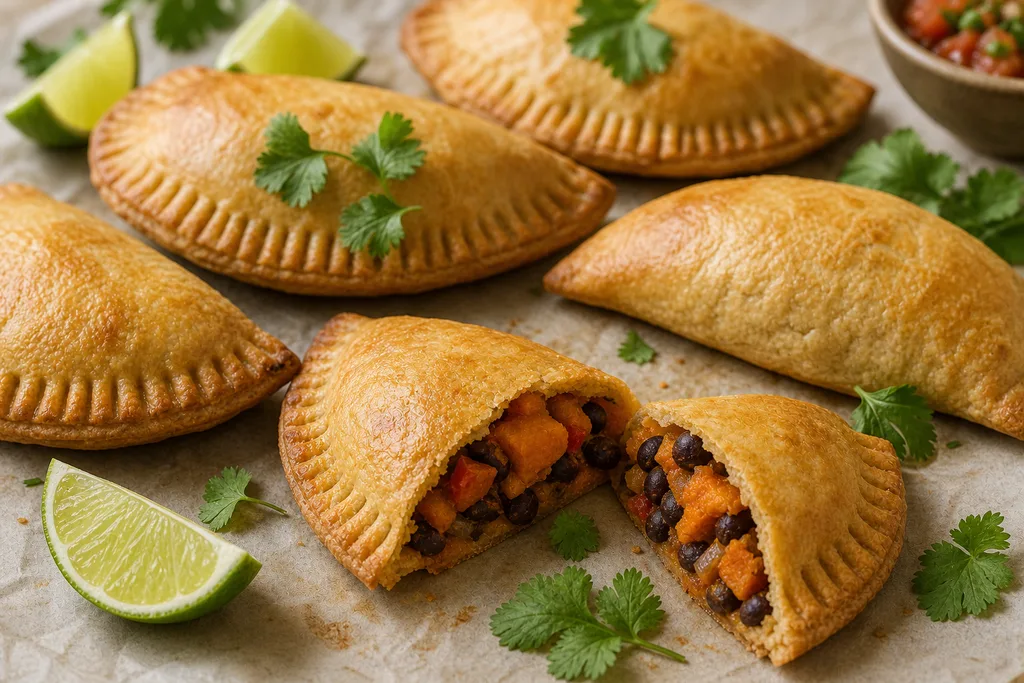 Baked gluten-free sweet potato and black bean empanadas with fork-crimped edges