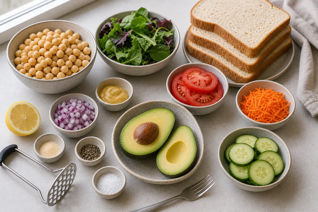 Measured ingredients for gluten-free vegan chickpea avocado salad sandwiches