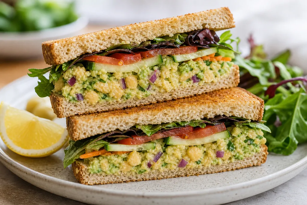 Gluten-free vegan chickpea and avocado salad sandwich cut in half