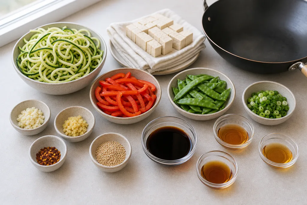 Measured gluten-free ingredients for zucchini noodle tofu sesame stir-fry