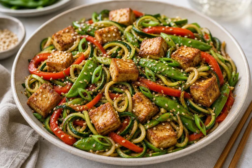 Gluten-free zucchini noodle stir-fry with crispy tofu and sesame in a bowl